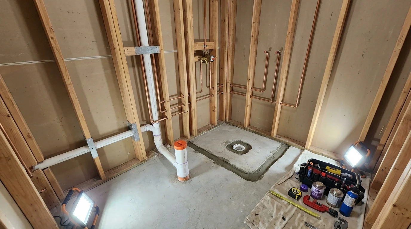 Bathroom rough-in plumbing during remodel by Johns Plumbing LLC in State Center