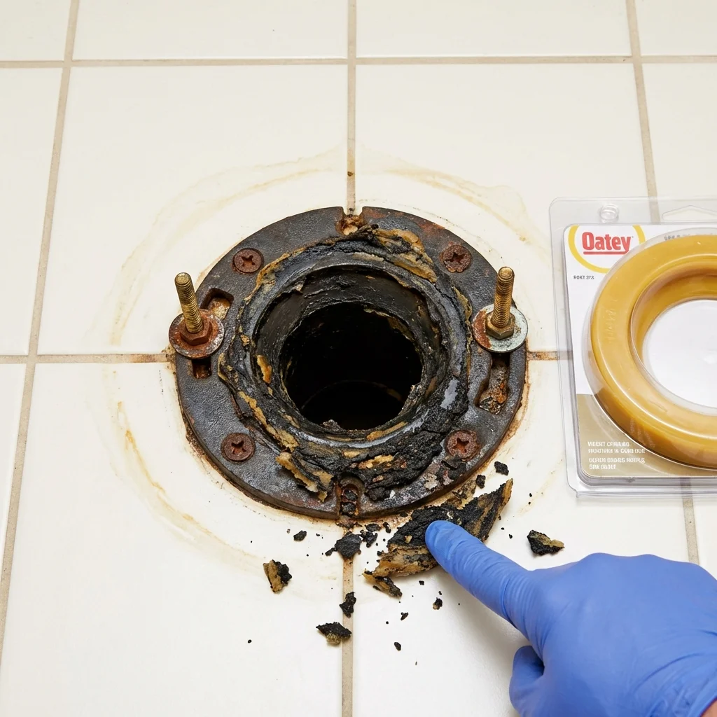 Failed wax ring showing water seepage at the base of a toilet in a State Center, IA home