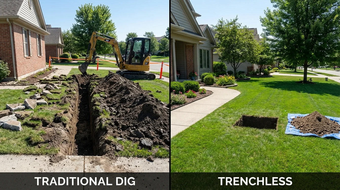 Trenchless sewer repair with minimal yard damage versus traditional excavation in State Center, IA