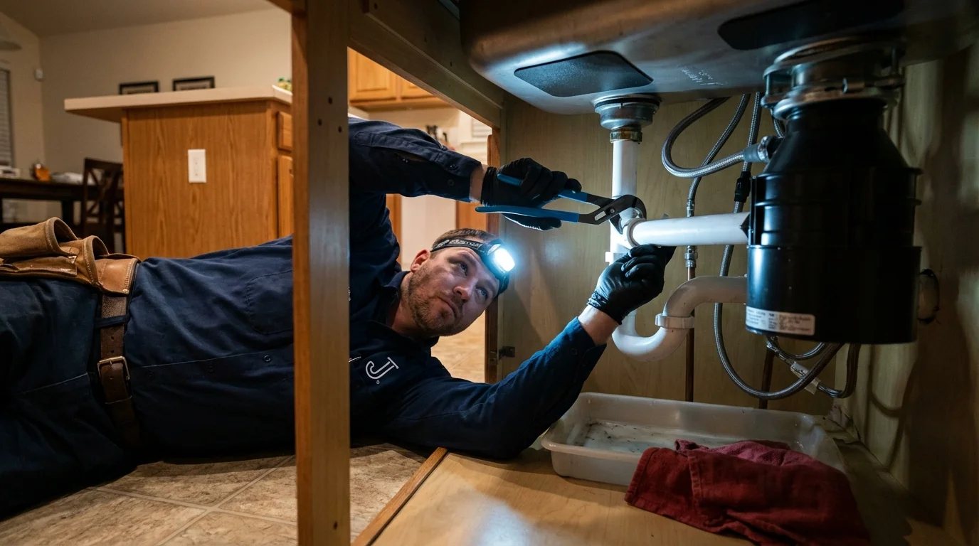 P-trap and supply line connections under a kitchen sink showing a common leak point in State Center, IA